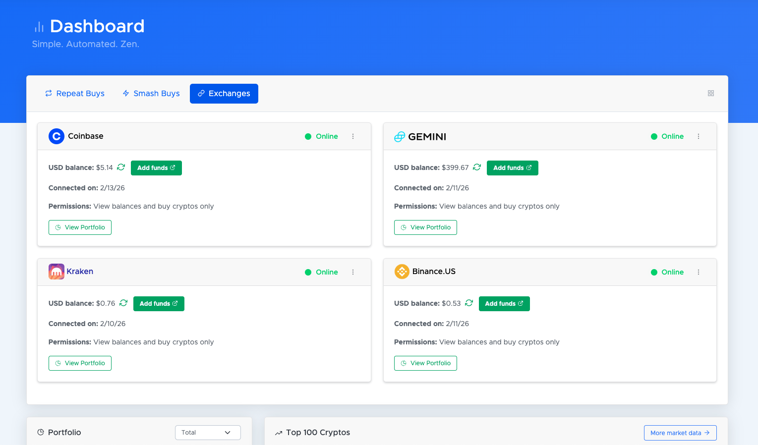 Preview of the exchanges connected